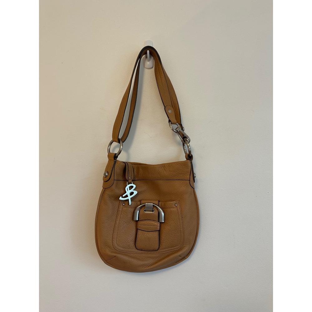 B Makowsky Tan Pebbled Leather Hobo Shoulder Bag with Silver Buckle